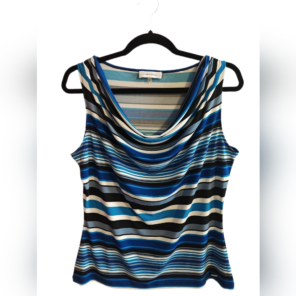 Calvin Klein Blue and Black Striped Tank Top